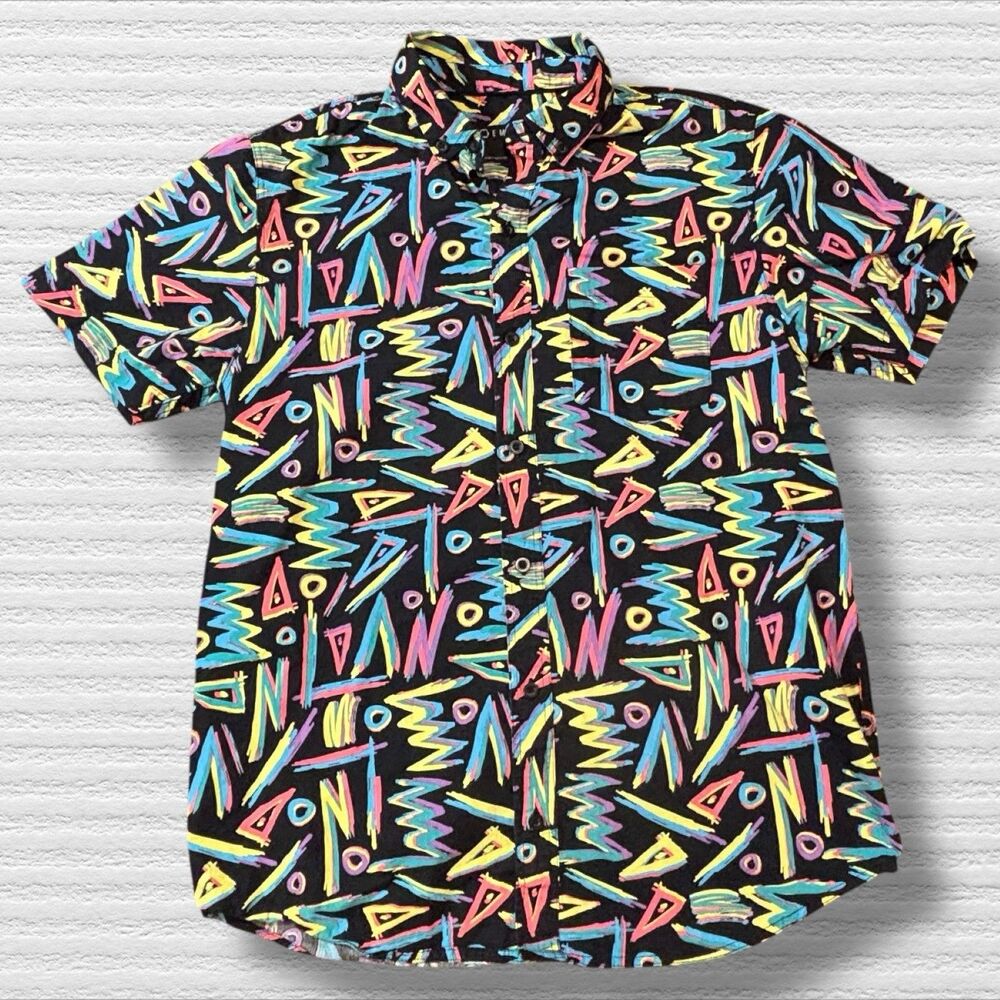 Empyre Men’s Button Up Shirt Small Black 90s 80s Neon Abstract Print Cotton